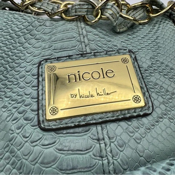 Nicole Miller Faux Leather Snakeskin Slouch Bag Chain Strap Teal - Picture 6 of 15